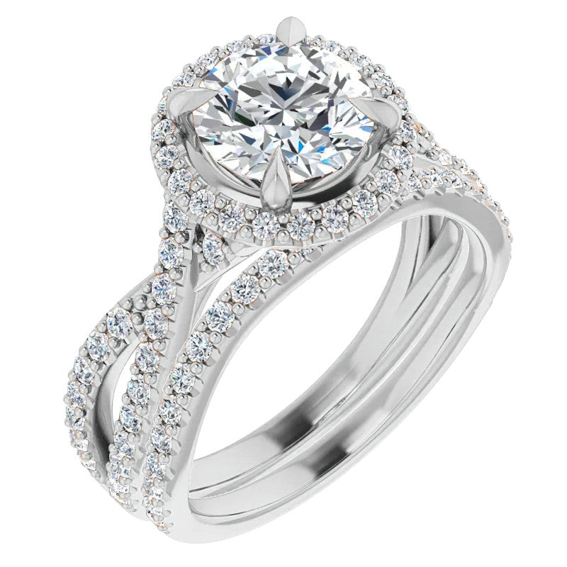 Round Split Shank Cathedral Halo Moissanite Engagement Ring