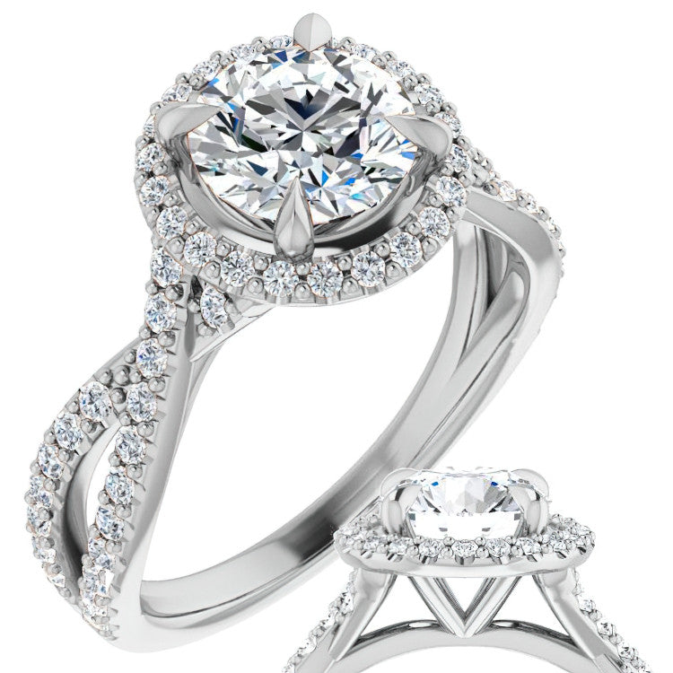 Round Split Shank Cathedral Halo Moissanite Engagement Ring