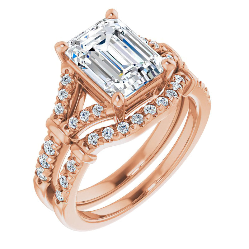 Split Shank Emerald / Radiant Moissanite Engagement Ring