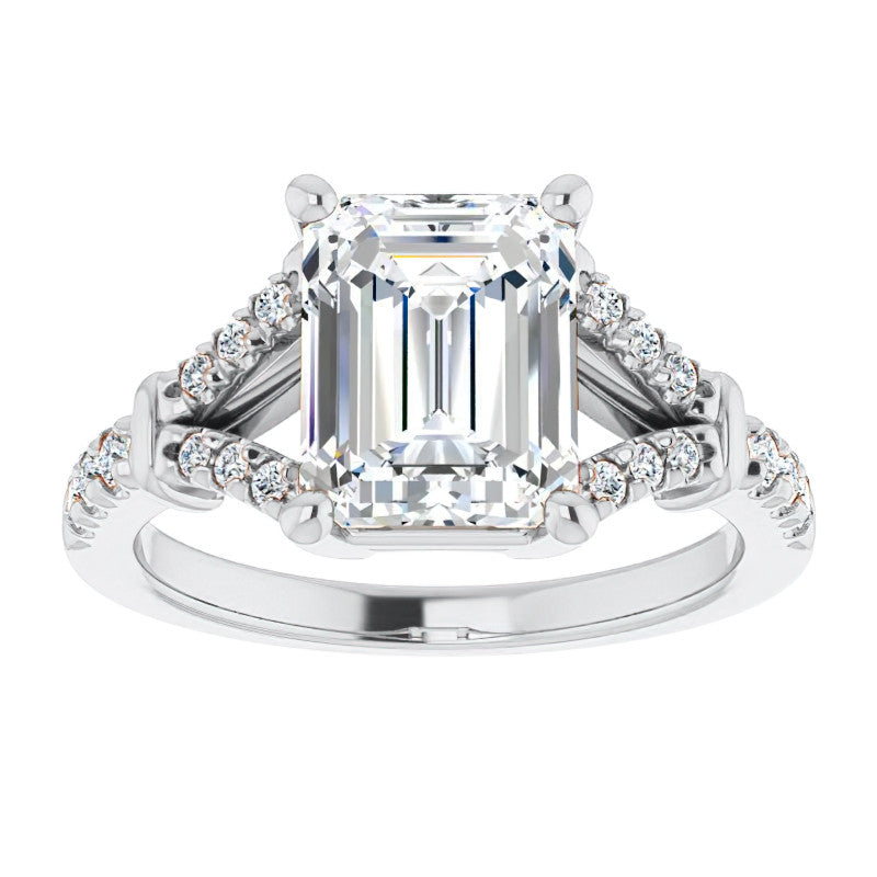 Split Shank Emerald / Radiant Moissanite Engagement Ring