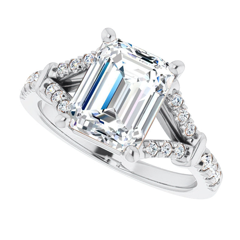 Split Shank Emerald / Radiant Moissanite Engagement Ring
