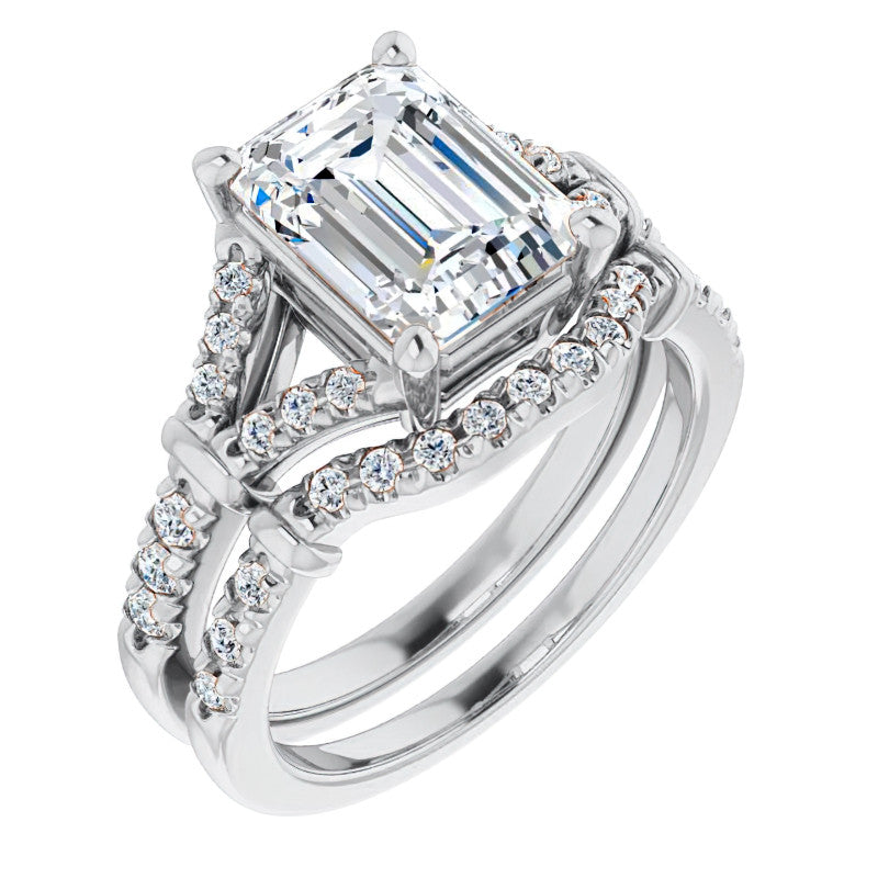 Split Shank Emerald / Radiant Moissanite Engagement Ring