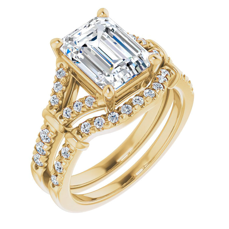 Split Shank Emerald / Radiant Moissanite Engagement Ring