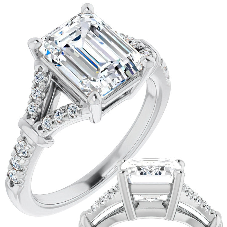 Split Shank Emerald / Radiant Moissanite Engagement Ring