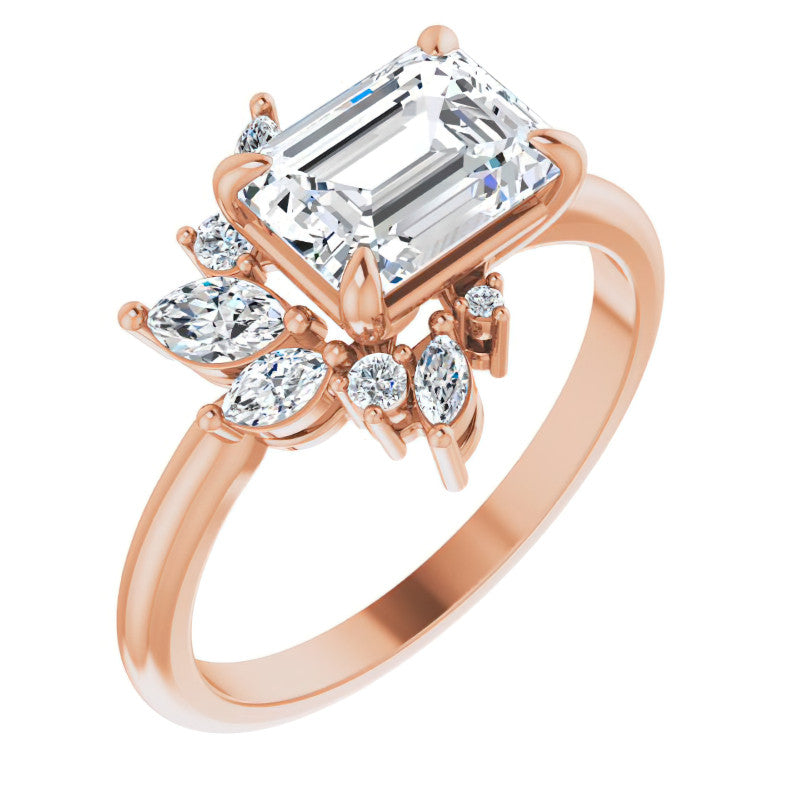 Marquise and Round Accented Emerald / Radiant Moissanite Engagement Ring