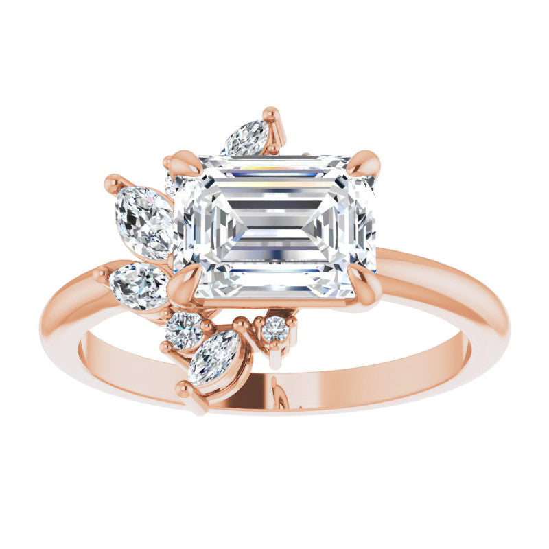 Marquise and Round Accented Emerald / Radiant Moissanite Engagement Ring