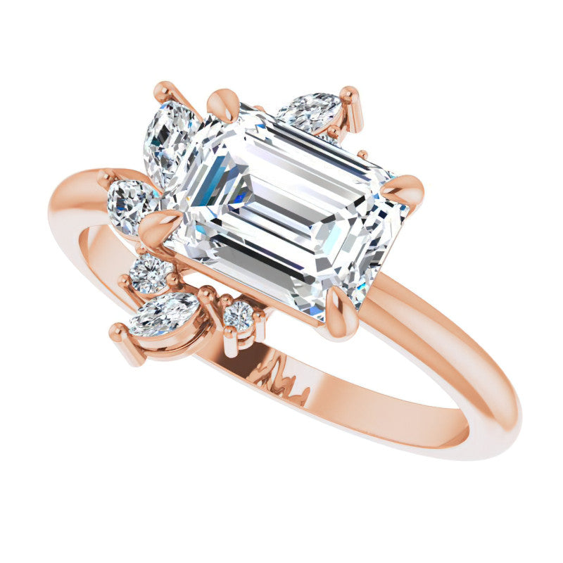 Marquise and Round Accented Emerald / Radiant Moissanite Engagement Ring