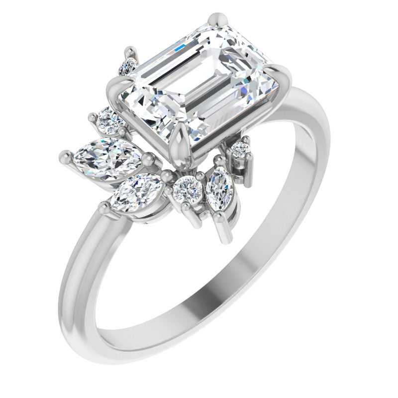 Marquise and Round Accented Emerald / Radiant Moissanite Engagement Ring
