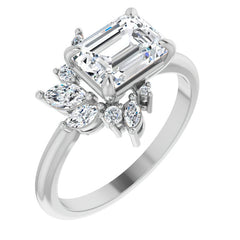 Marquise and Round Accented Emerald / Radiant Moissanite Engagement Ring
