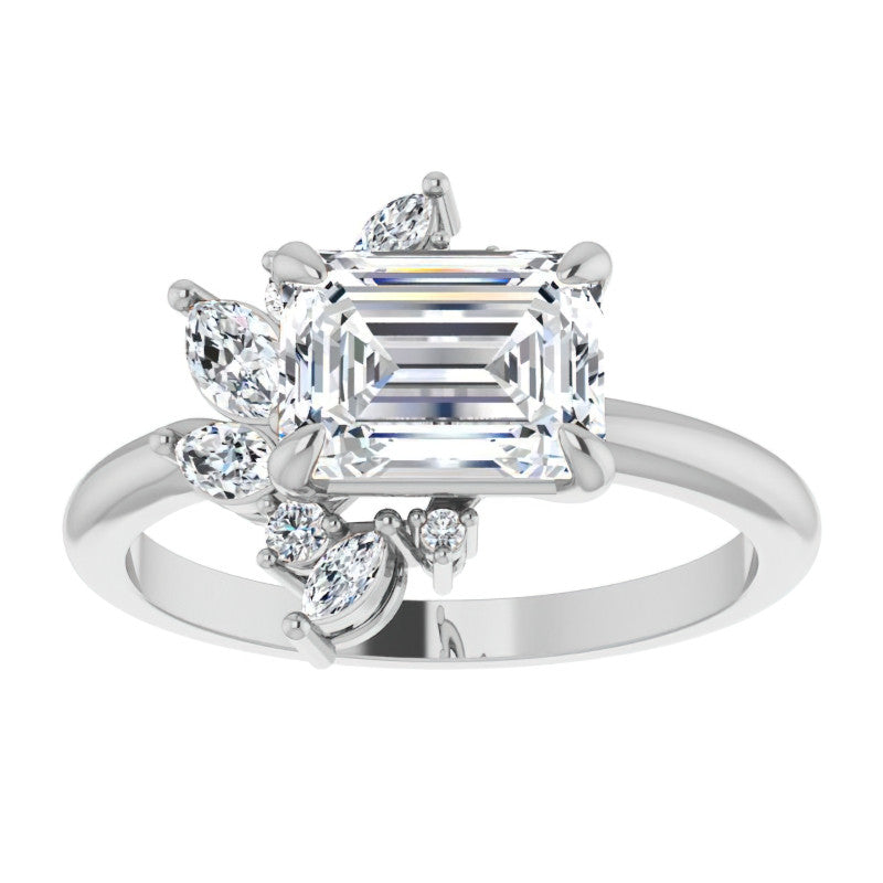 Marquise and Round Accented Emerald / Radiant Moissanite Engagement Ring