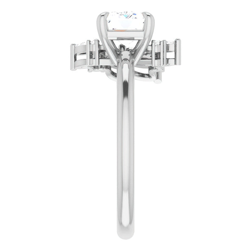 Marquise and Round Accented Emerald / Radiant Moissanite Engagement Ring