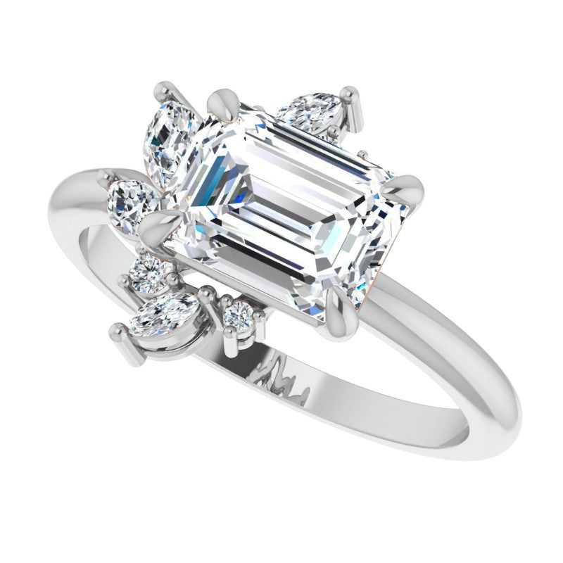 Marquise and Round Accented Emerald / Radiant Moissanite Engagement Ring