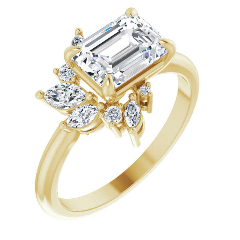 Marquise and Round Accented Emerald / Radiant Moissanite Engagement Ring
