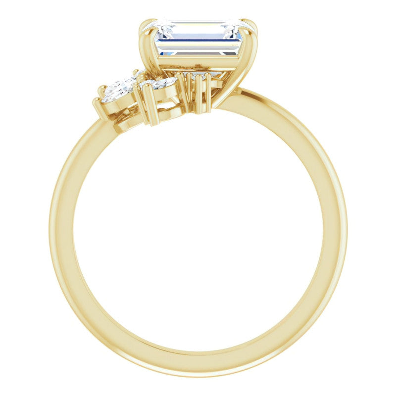 Marquise and Round Accented Emerald / Radiant Moissanite Engagement Ring