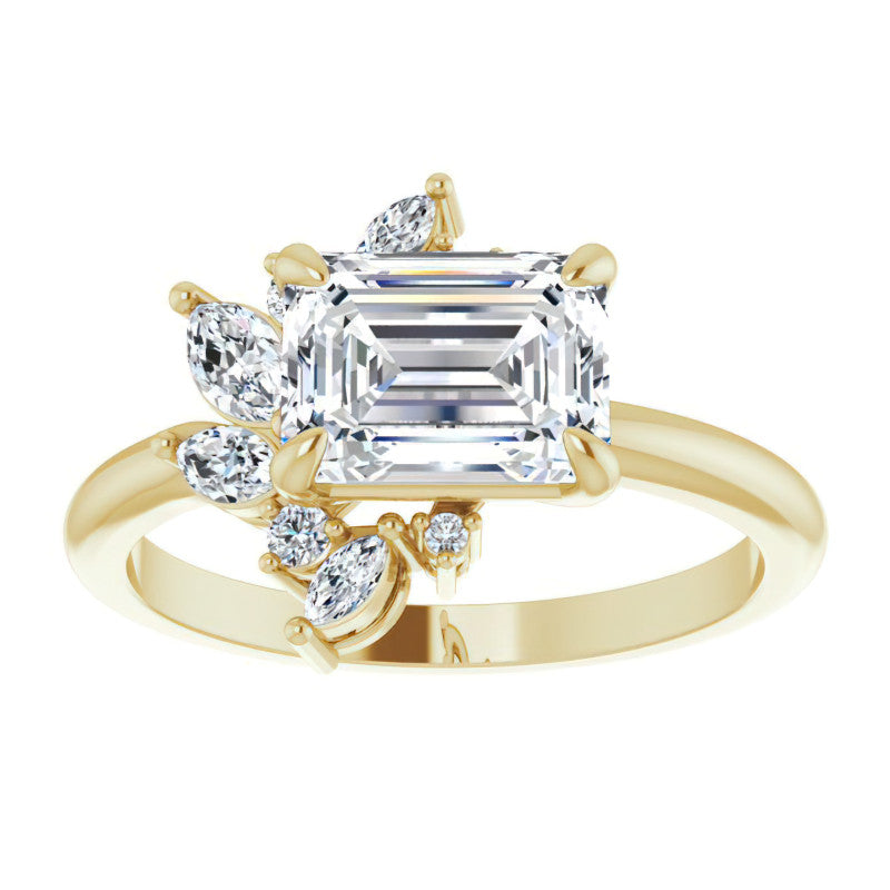 Marquise and Round Accented Emerald / Radiant Moissanite Engagement Ring