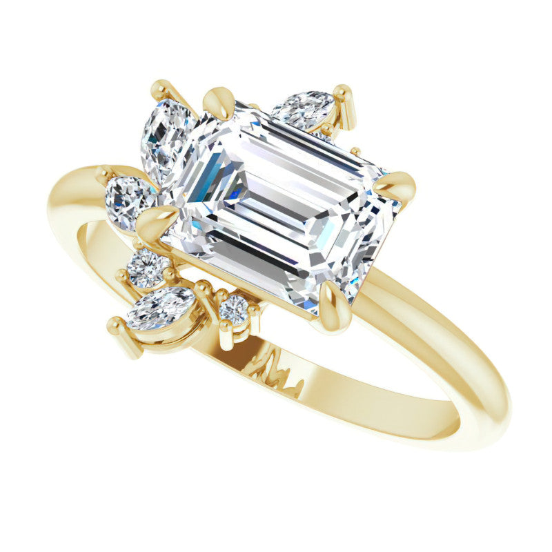Marquise and Round Accented Emerald / Radiant Moissanite Engagement Ring