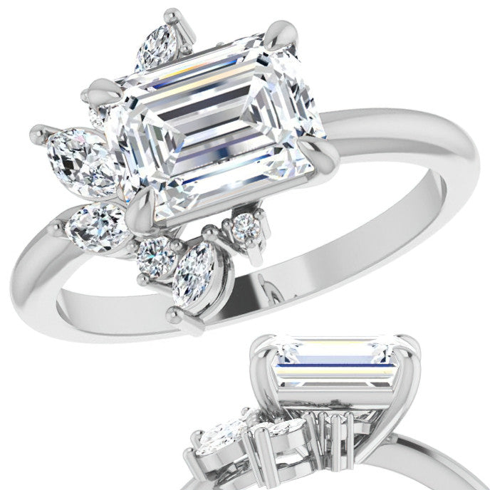 Marquise and Round Accented Emerald / Radiant Moissanite Engagement Ring