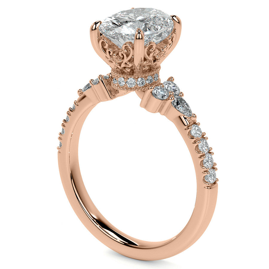 Ornate Oval Moissanite Engagement Ring with Milgrain Collar
