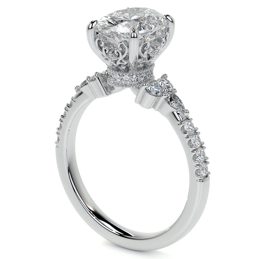 Ornate Oval Moissanite Engagement Ring with Milgrain Collar