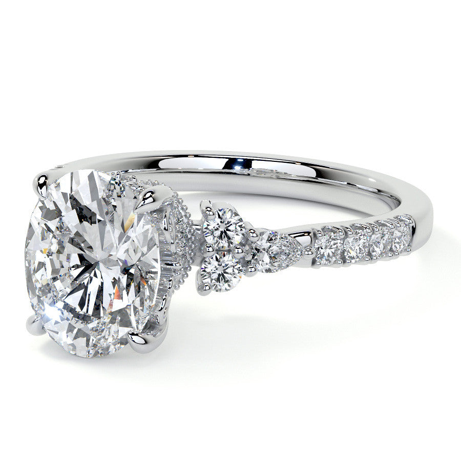 Ornate Oval Moissanite Engagement Ring with Milgrain Collar