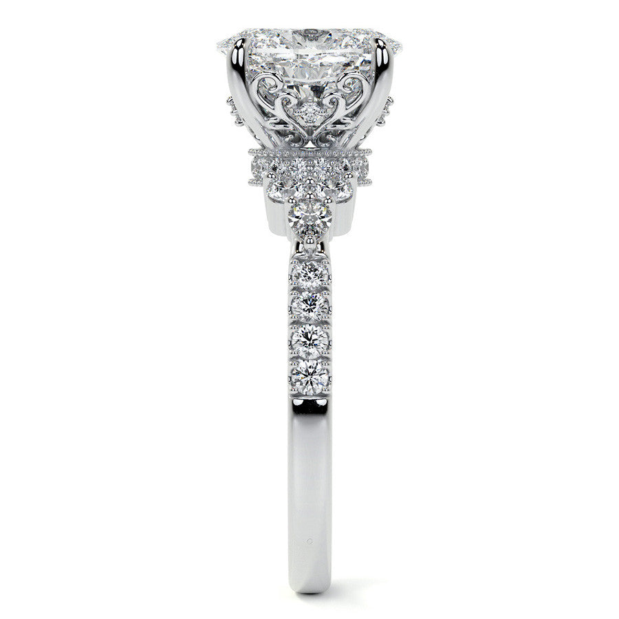 Ornate Oval Moissanite Engagement Ring with Milgrain Collar