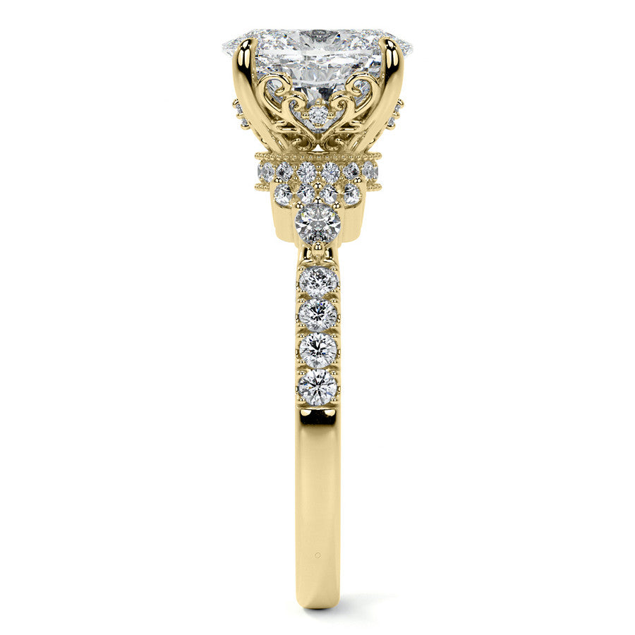 Ornate Oval Moissanite Engagement Ring with Milgrain Collar