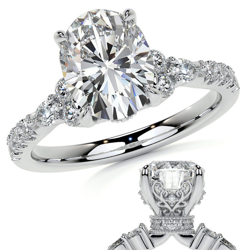 Ornate Oval Moissanite Engagement Ring with Milgrain Collar