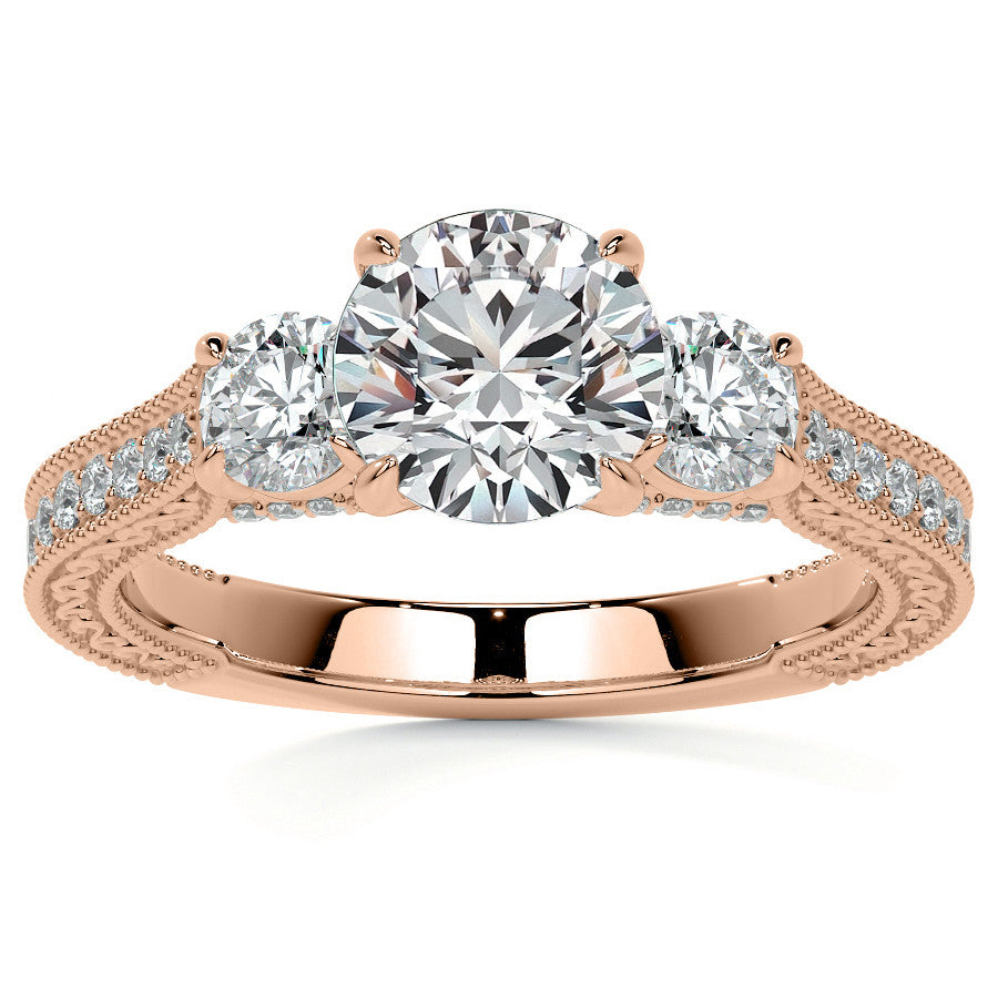 Round Three Stone Milgrain Moissanite Engagement Ring with Scroll
