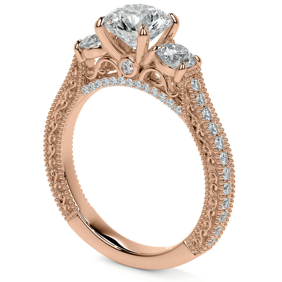 Round Three Stone Milgrain Moissanite Engagement Ring with Scroll