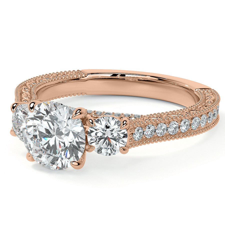 Round Three Stone Milgrain Moissanite Engagement Ring with Scroll
