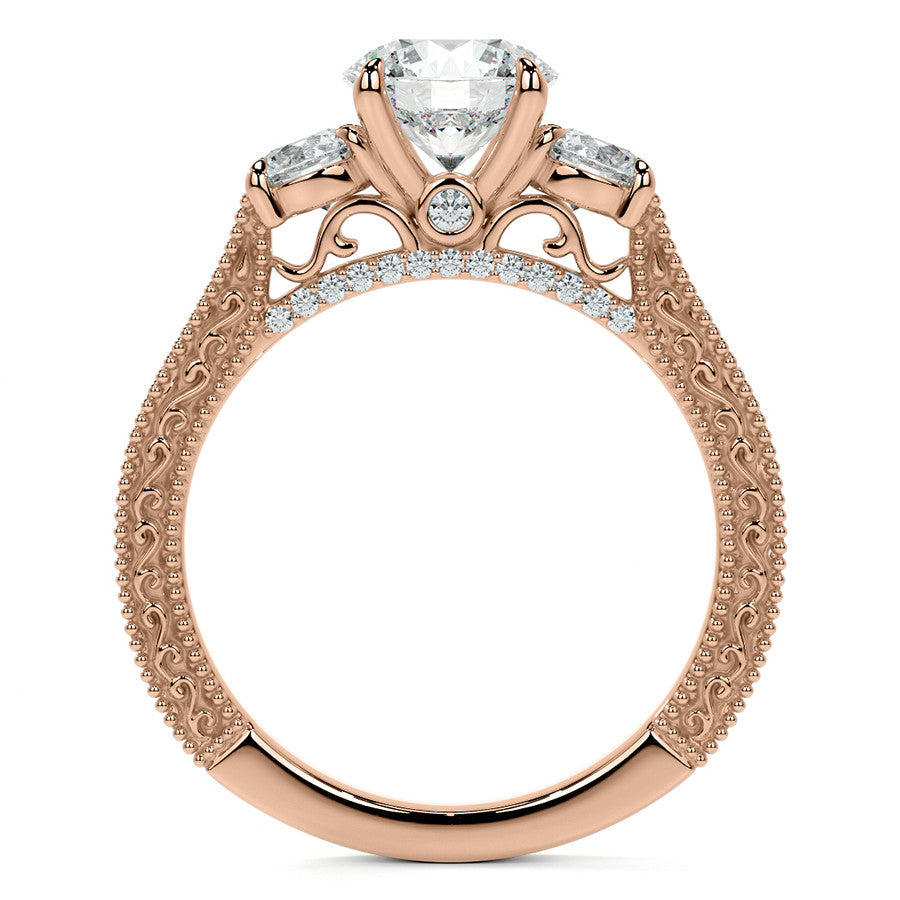 Round Three Stone Milgrain Moissanite Engagement Ring with Scroll