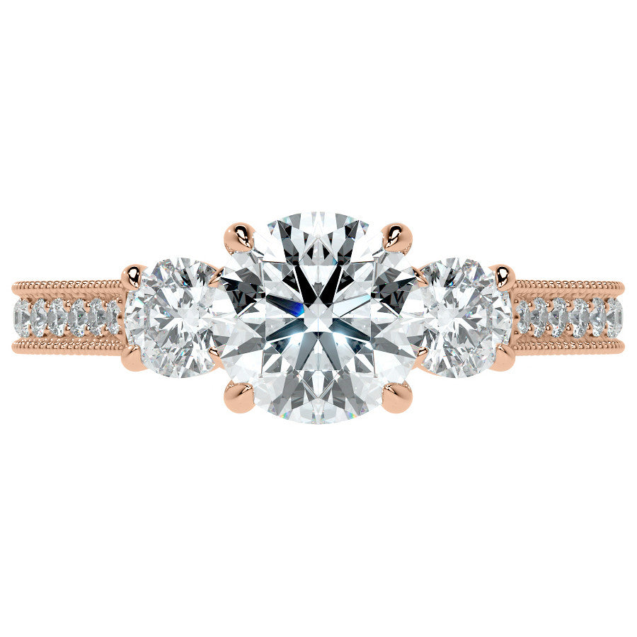 Round Three Stone Milgrain Moissanite Engagement Ring with Scroll