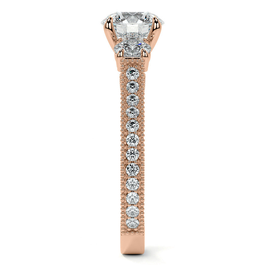 Round Three Stone Milgrain Moissanite Engagement Ring with Scroll