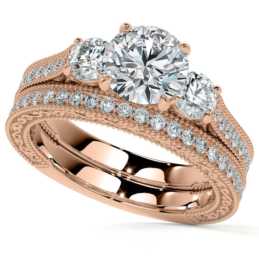 Round Three Stone Milgrain Moissanite Engagement Ring with Scroll