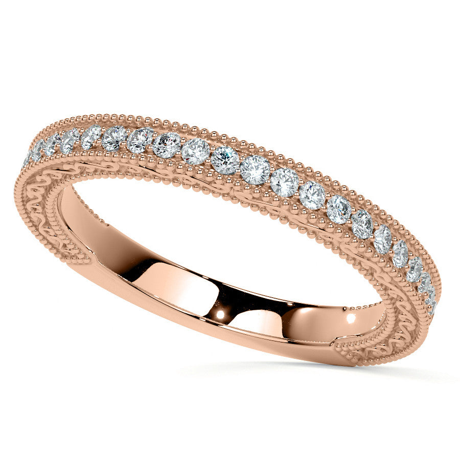 Round Three Stone Milgrain Moissanite Engagement Ring with Scroll