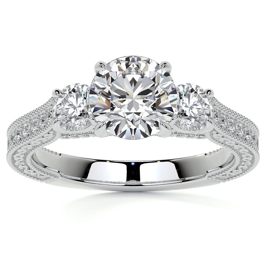Round Three Stone Milgrain Moissanite Engagement Ring with Scroll