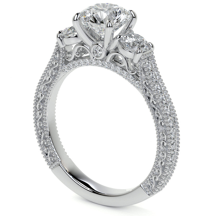 Round Three Stone Milgrain Moissanite Engagement Ring with Scroll