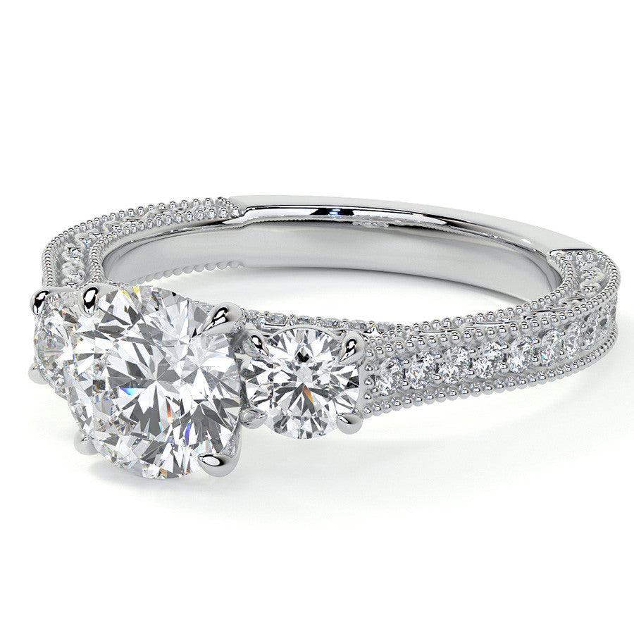 Round Three Stone Milgrain Moissanite Engagement Ring with Scroll