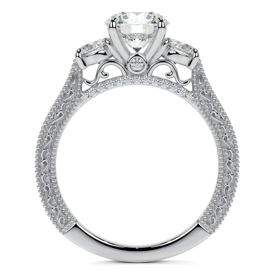 Round Three Stone Milgrain Moissanite Engagement Ring with Scroll