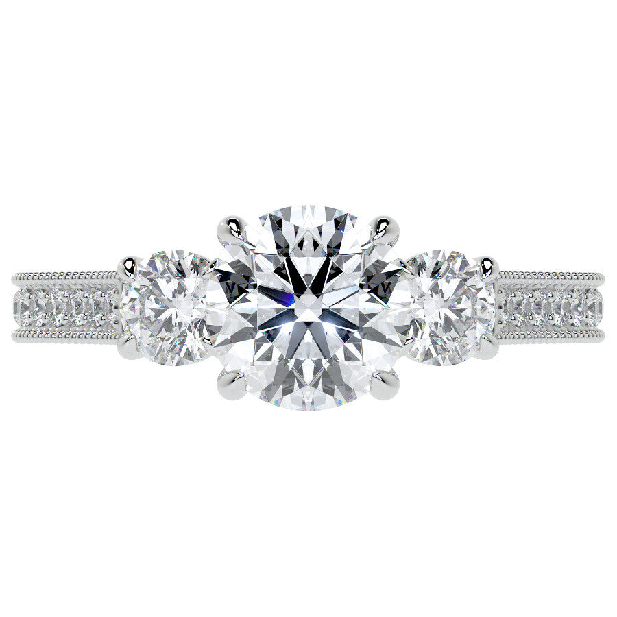 Round Three Stone Milgrain Moissanite Engagement Ring with Scroll