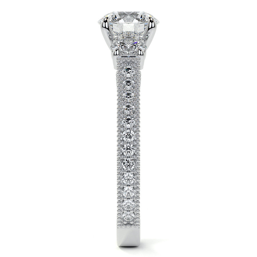 Round Three Stone Milgrain Moissanite Engagement Ring with Scroll