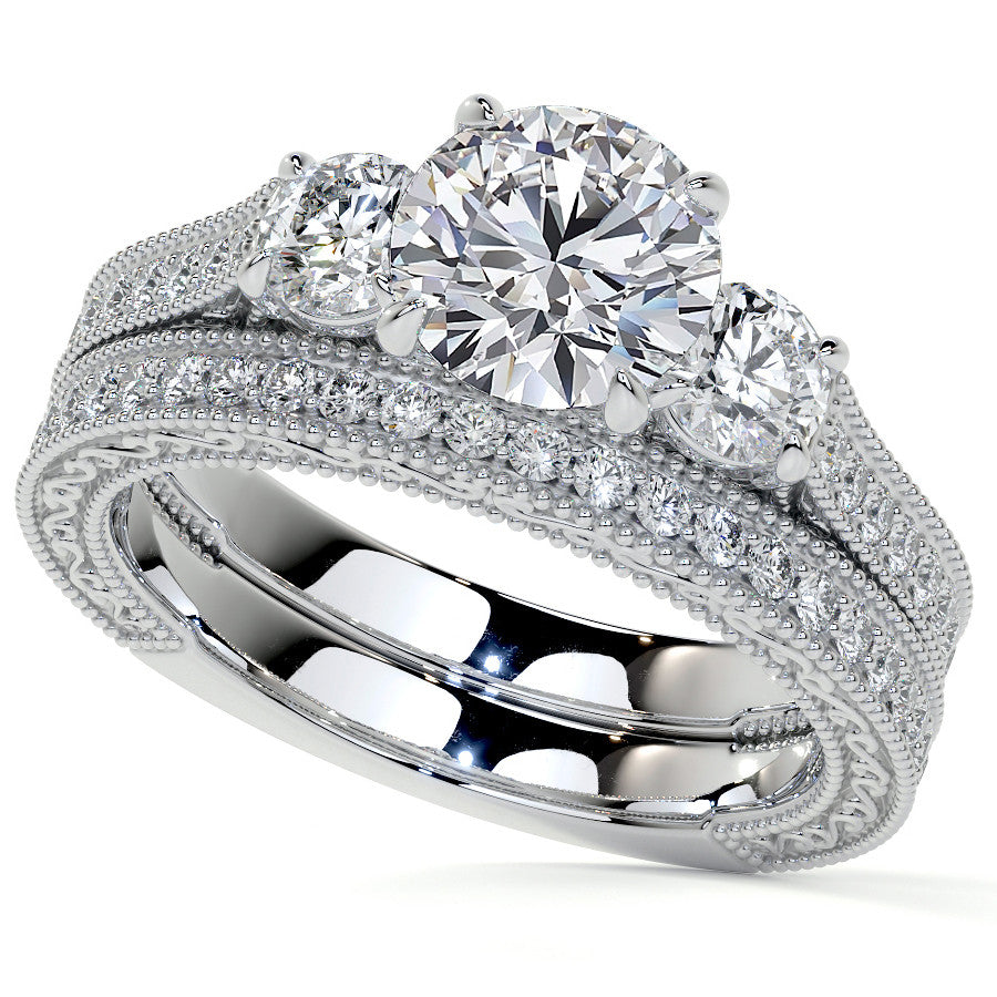 Round Three Stone Milgrain Moissanite Engagement Ring with Scroll
