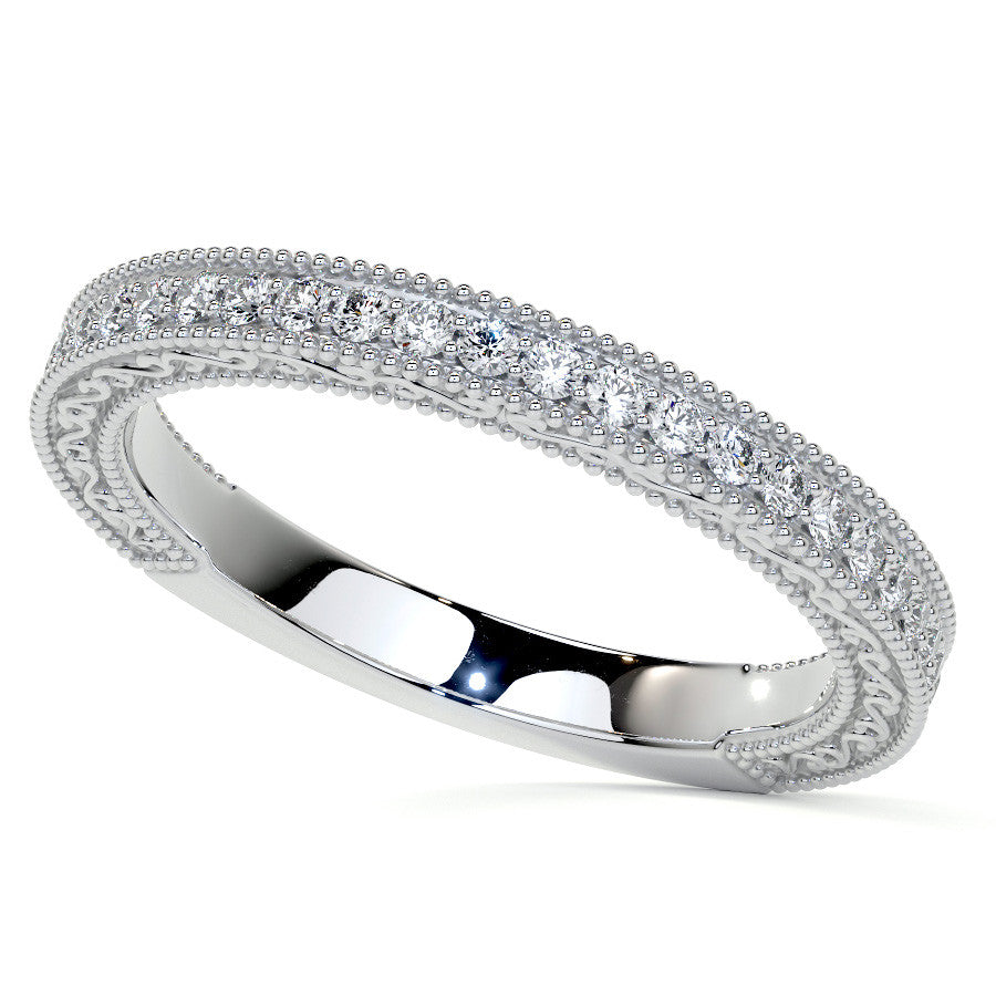 Round Three Stone Milgrain Moissanite Engagement Ring with Scroll