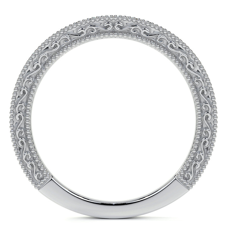Round Three Stone Milgrain Moissanite Engagement Ring with Scroll
