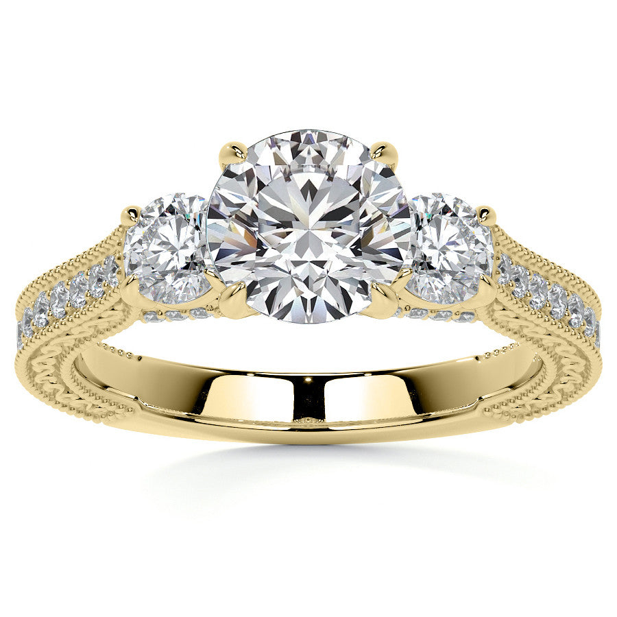 Round Three Stone Milgrain Moissanite Engagement Ring with Scroll