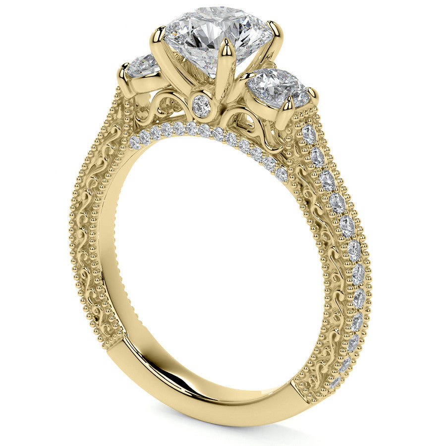 Round Three Stone Milgrain Moissanite Engagement Ring with Scroll