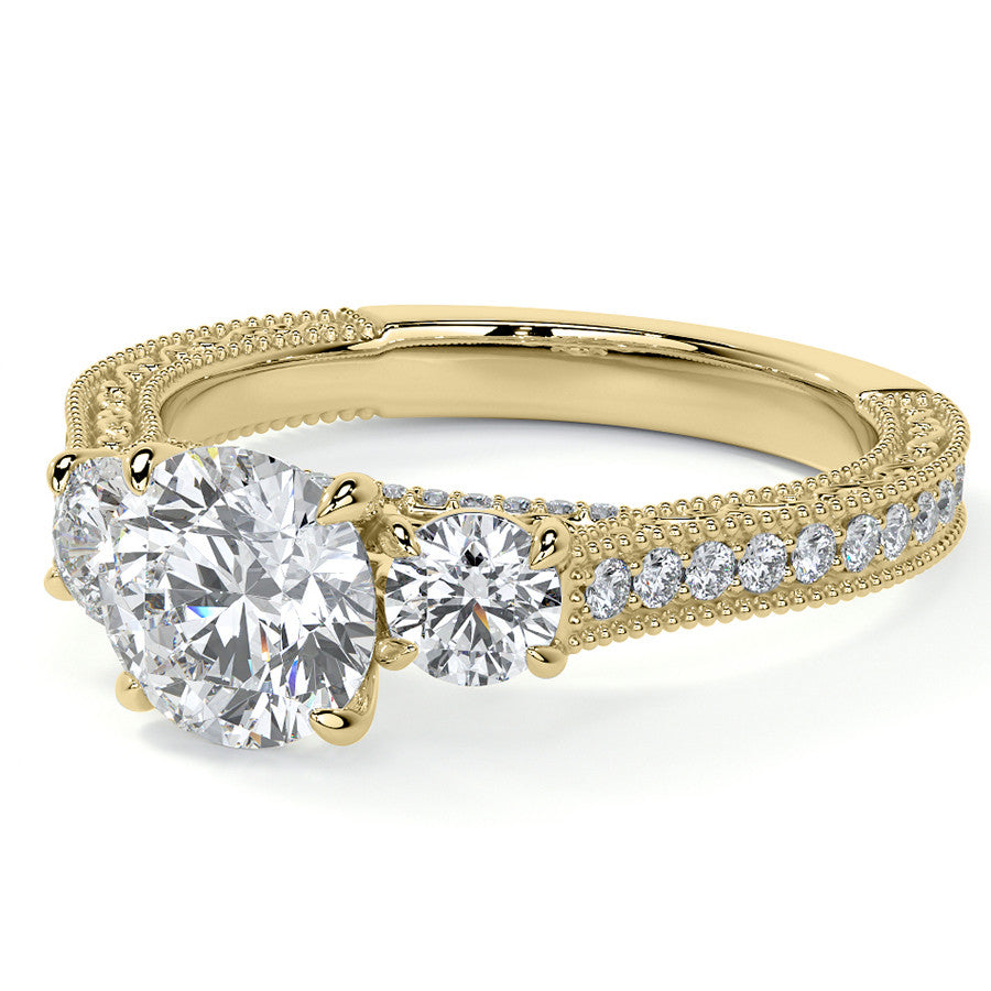 Round Three Stone Milgrain Moissanite Engagement Ring with Scroll