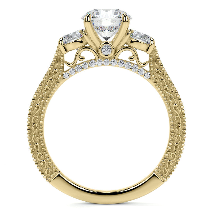 Round Three Stone Milgrain Moissanite Engagement Ring with Scroll