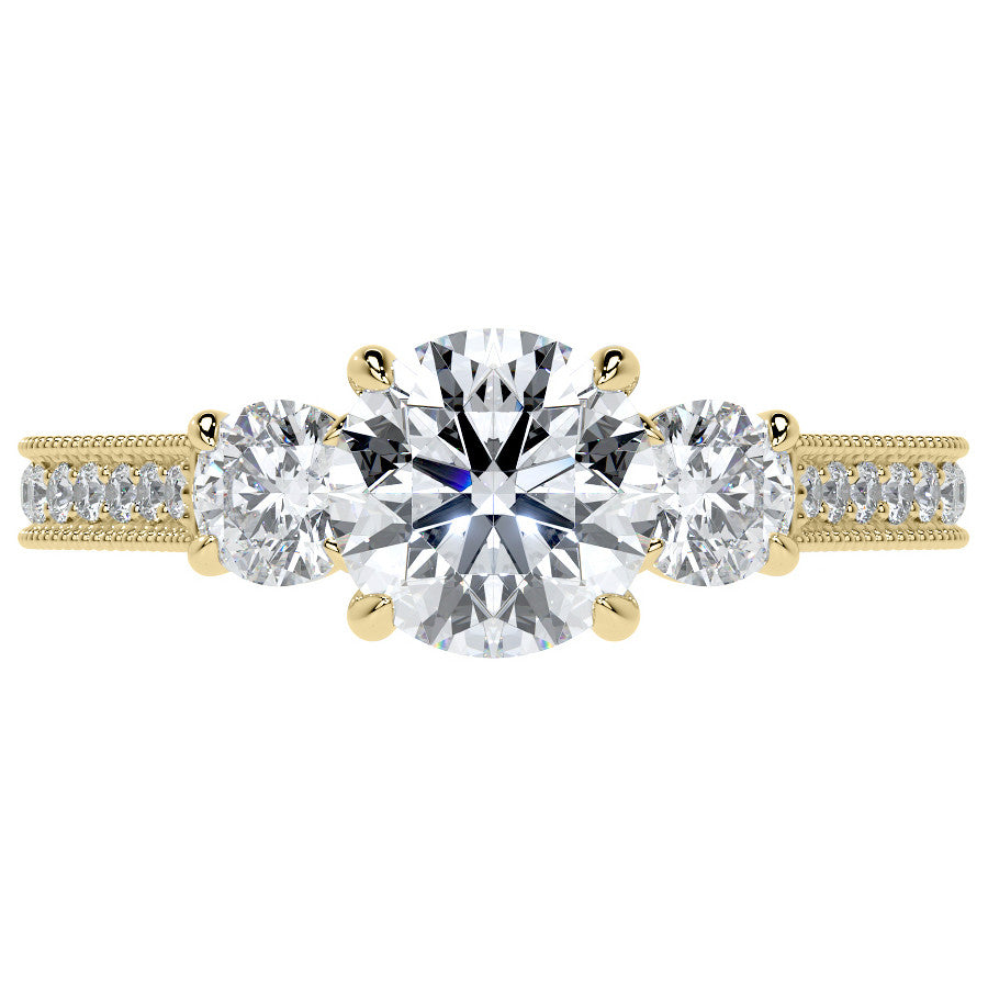 Round Three Stone Milgrain Moissanite Engagement Ring with Scroll