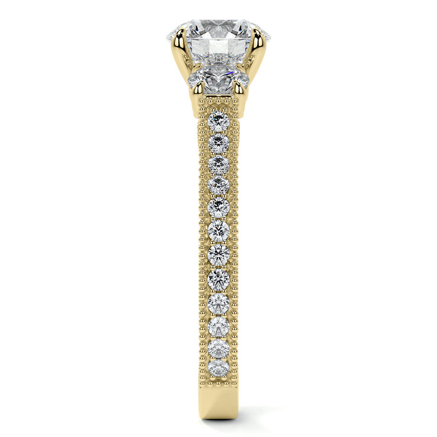 Round Three Stone Milgrain Moissanite Engagement Ring with Scroll